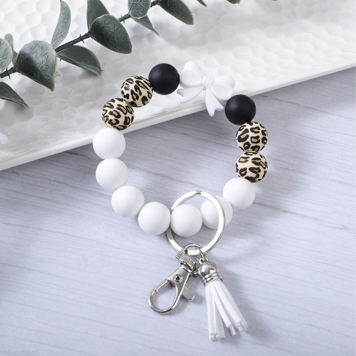 Wholesale Colorful Bow Leopard Print Silicone Beaded Tassel Bracelet Keychain